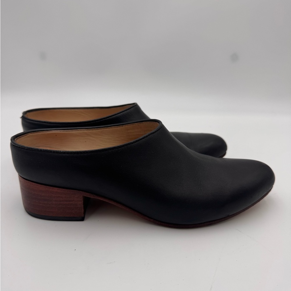 NISOLO Sofia Slip-On Mule Size 6.5 Black Leather, Brown Wooden Heel - Picture 3 of 7